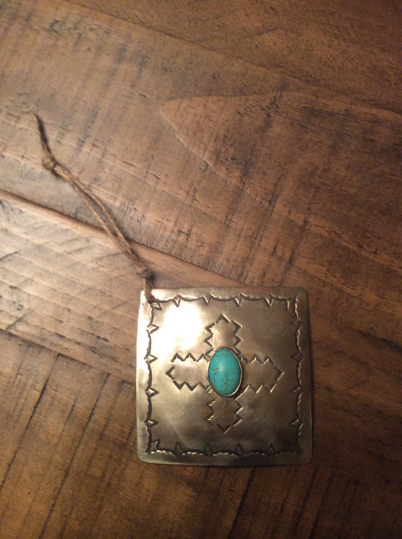 Silver Square Turquoise Christmas Ornament