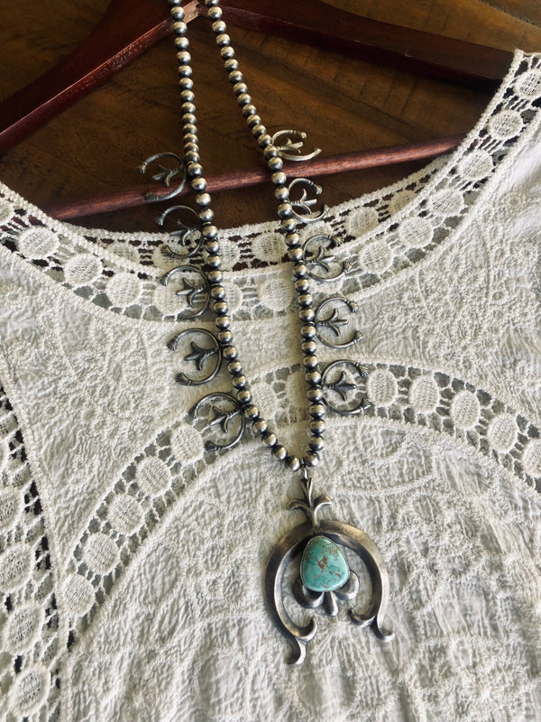 The Azura Vintage Navajo Turquoise and Sterling Silver Squash Blossom Necklace