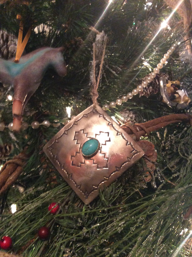 Silver Square Turquoise Christmas Ornament