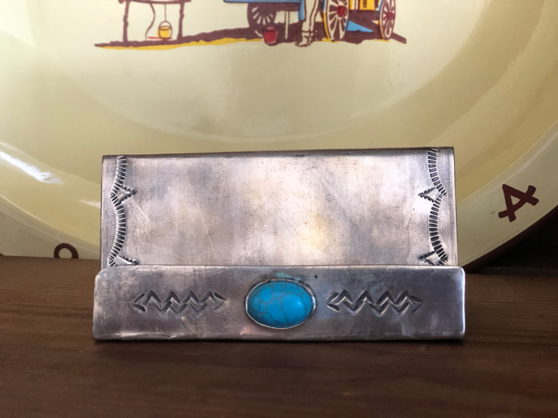 Rustic Stamped Turquoise Silver Business Card Holder