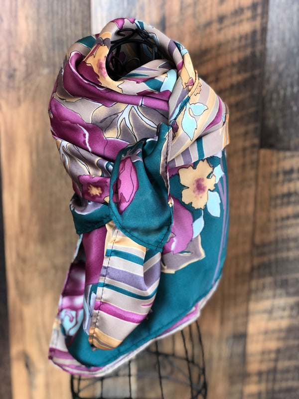 Turquoise and Pink Floral Stripe Wild Rag Scarf